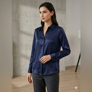 LILYSILK Navy Blue Women's Button Down Shirt 100% 22MM Mulberry Silk NWT Sz M